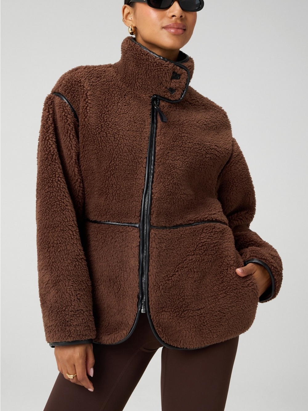Fabletics Brown Teddy Jacket with Black Trim